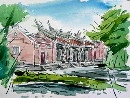 劉醉奇,水彩,北埔 美氏家廟,A12藝術空間,A12線上藝廊