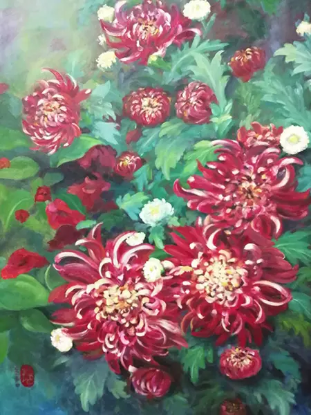 徐玉玲,油彩,紅色菊花,A12藝術空間,A12線上藝廊