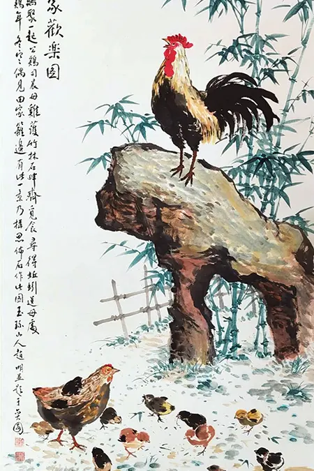 赵明,彩墨,阖家欢乐图(公、母鸡、小鸡),A12艺术空间,A12线上艺廊