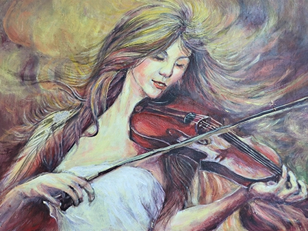蔡瓊書,水性蠟彩,拉小提琴的少女,A12藝術空間,A12線上藝廊