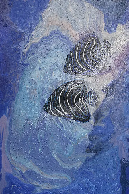 羅尊,膠彩,有魚有餘-探幽(藍紋蝶魚),A12藝術空間,A12線上藝廊